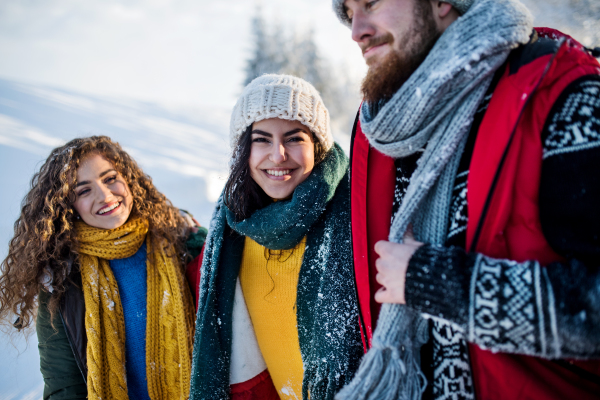 A group of cheerful young friends outdoors in snow in winter forest, talking.