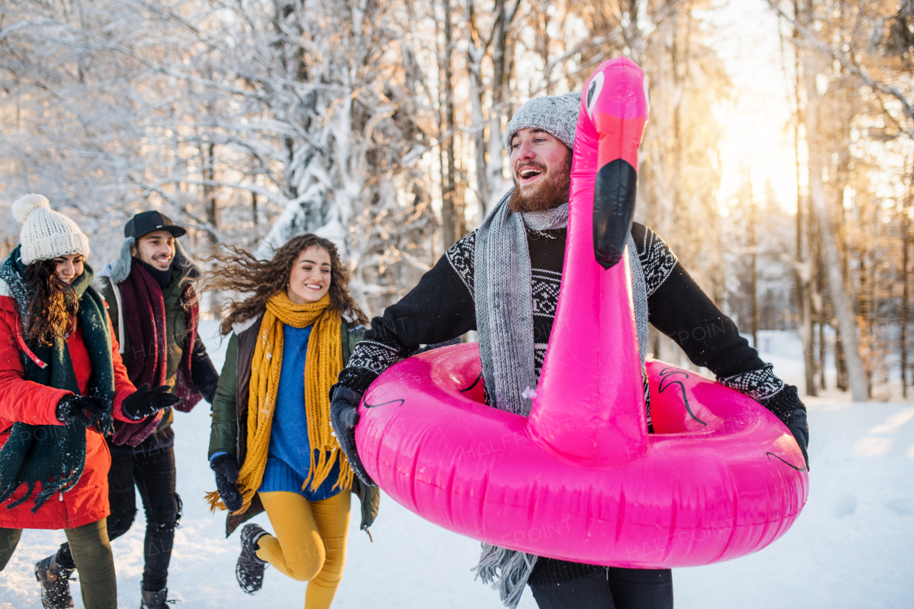 A group of young cheerful friends on a walk outdoors in snow in winter forest, having fun.