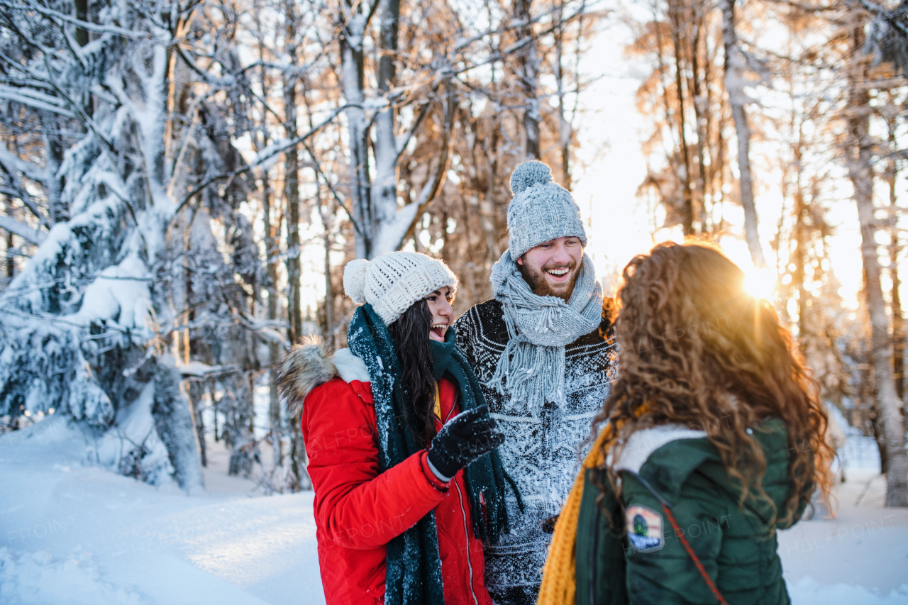 A group of cheerful young cheerful friends standing outdoors in snow in winter forest, having fun.