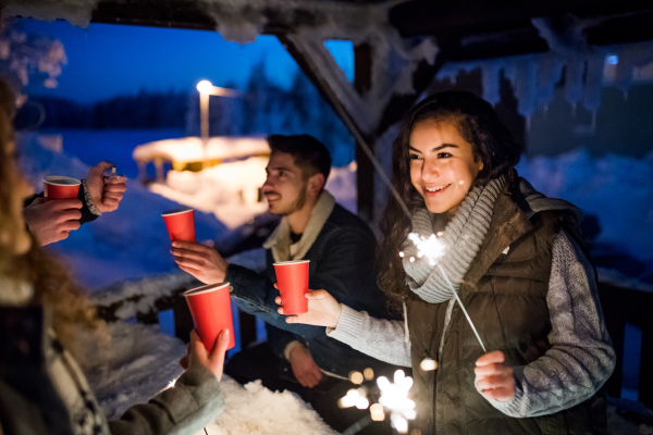 A group of young friends outdoors in snow in winter at night, holding sparklers.