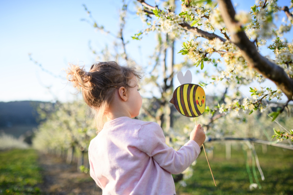 Side view of small toddler girl standing outdoors in orchard in spring, holding paper bee.