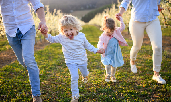 Front view of family with two small children running outdoors in orchard in spring.