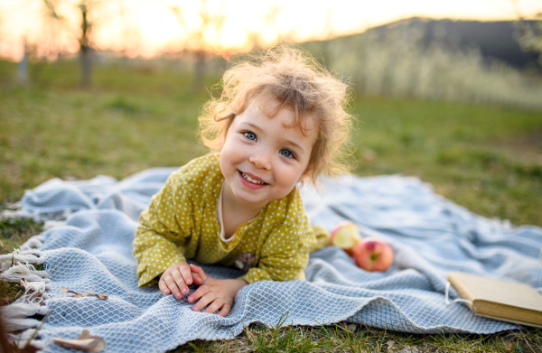 Front view portrait of small toddler girl outdoors on blanket in spring, looking at camera.