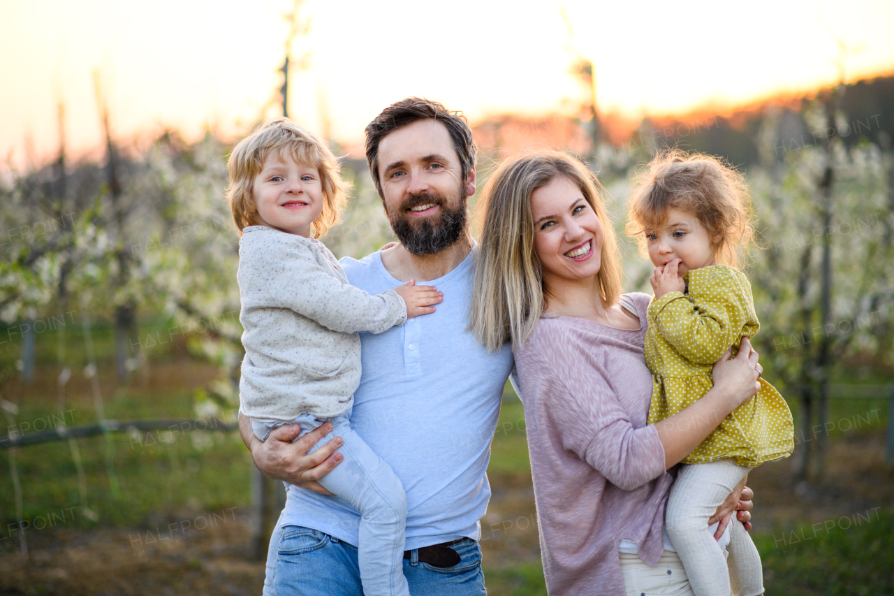 Front view of family with two small children standing outdoors in orchard in spring, looking at camera.