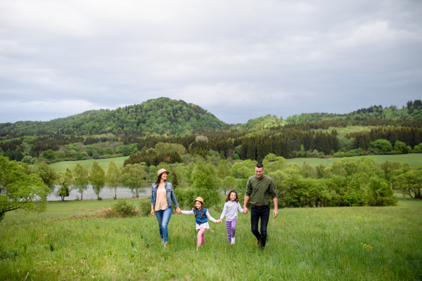 Happy family with two small daughters walking outdoors in spring nature, holding hands.