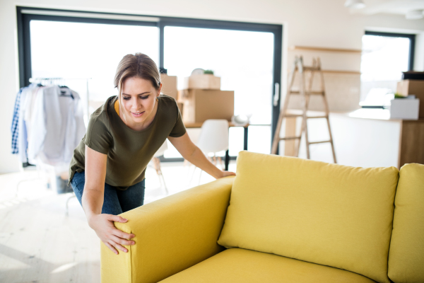 A young happy woman furnishing new house, a moving in new home concept.