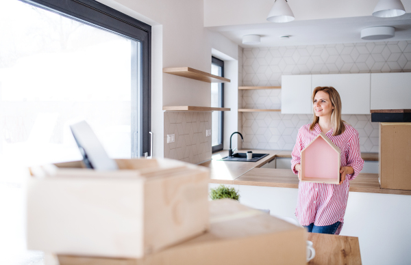 A young woman moving in new home, a concept. Copy space.