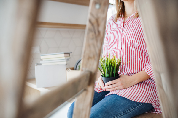 A midsection of young woman with plant moving in new home, a concept. Copy space.