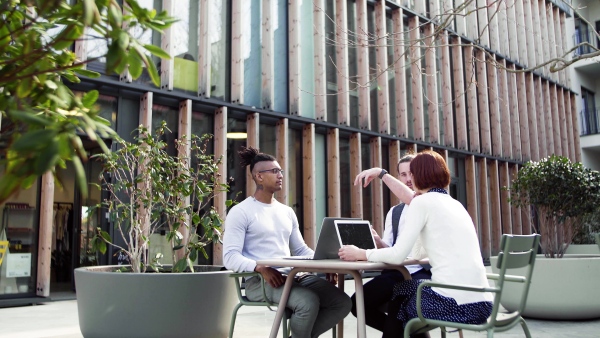 A group of young businesspeople using laptop in courtyard, start-up concept.