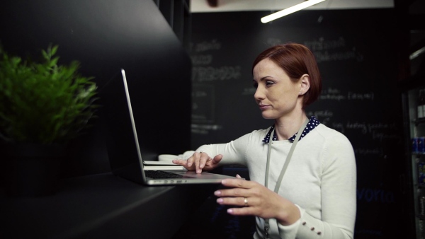 A young businesswoman with laptop in office, working. Slow motion.