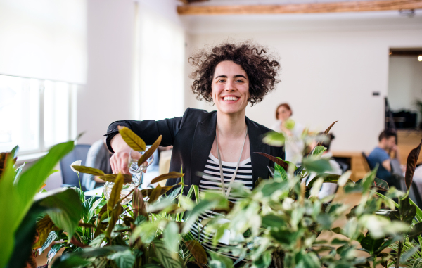 A young woman watering plants in office, start-up business.