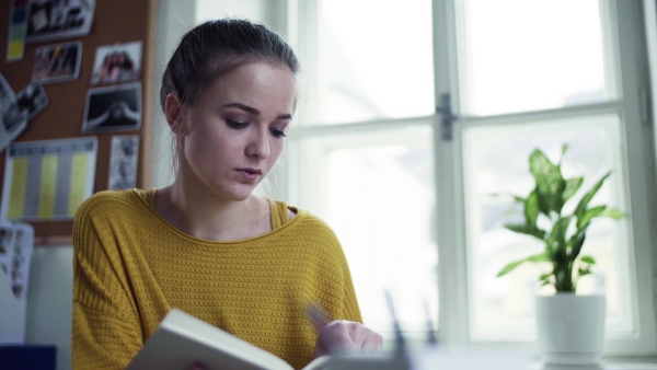 A young happy college female student with a book sitting at the table at home, studying.