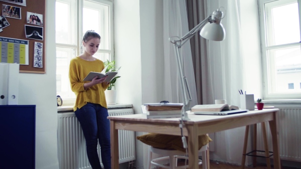 A young happy college female student with a book standing by window at home, studying.