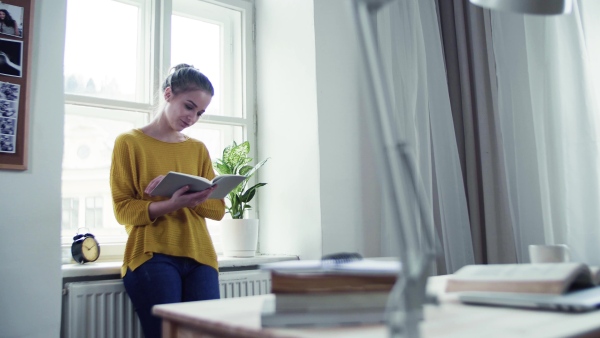 A young happy college female student with a book standing by window at home, studying.