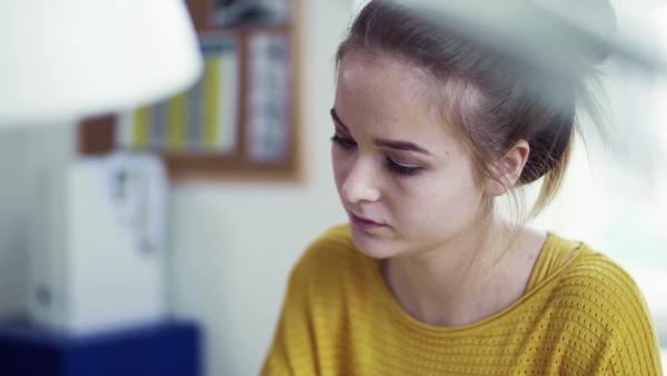 A young happy college female student sitting at the table at home, studying.