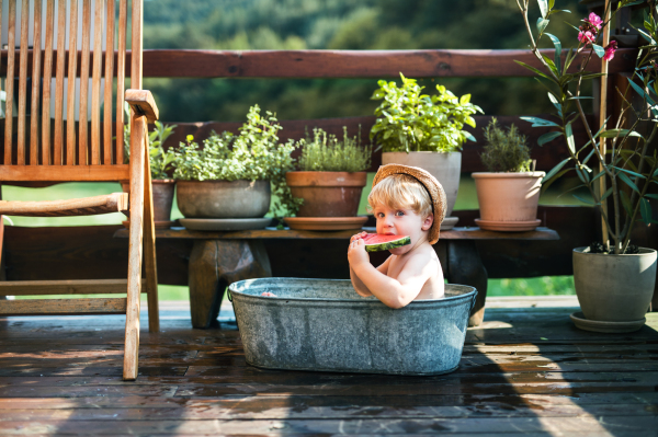 Happy small boy with a hat in bath tub outdoors in garden in summer, eating watermelon.