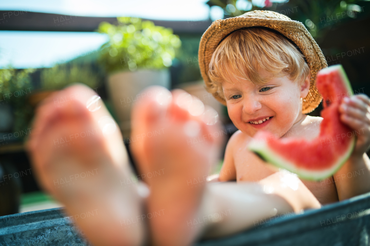 Happy small boy with a hat in bath tub outdoors in garden in summer, eating watermelon.