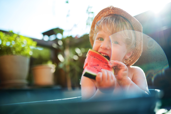 Happy small boy with a hat in bath tub outdoors in garden in summer, eating watermelon.