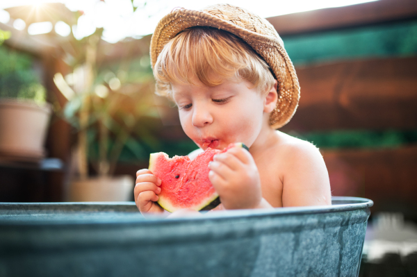 Happy small boy with a hat in bath tub outdoors in garden in summer, eating watermelon.