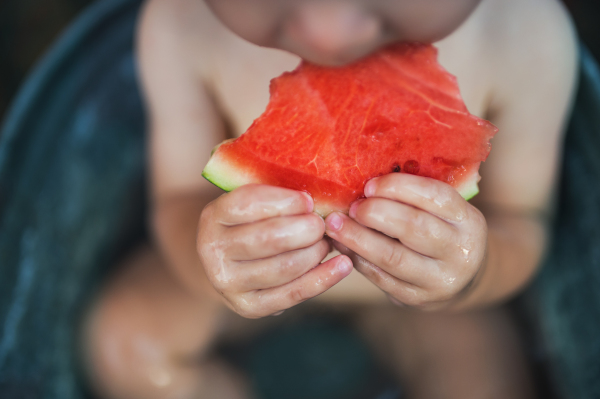 A midsection of unrecognizable small boy or girl in bath outdoors in garden in summer, eating watermelon. A close-up.