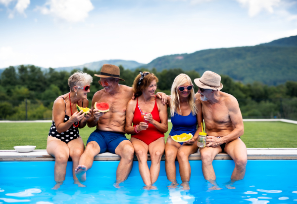 Group of cheerful seniors sitting by swimming pool outdoors in backyard, having fun.