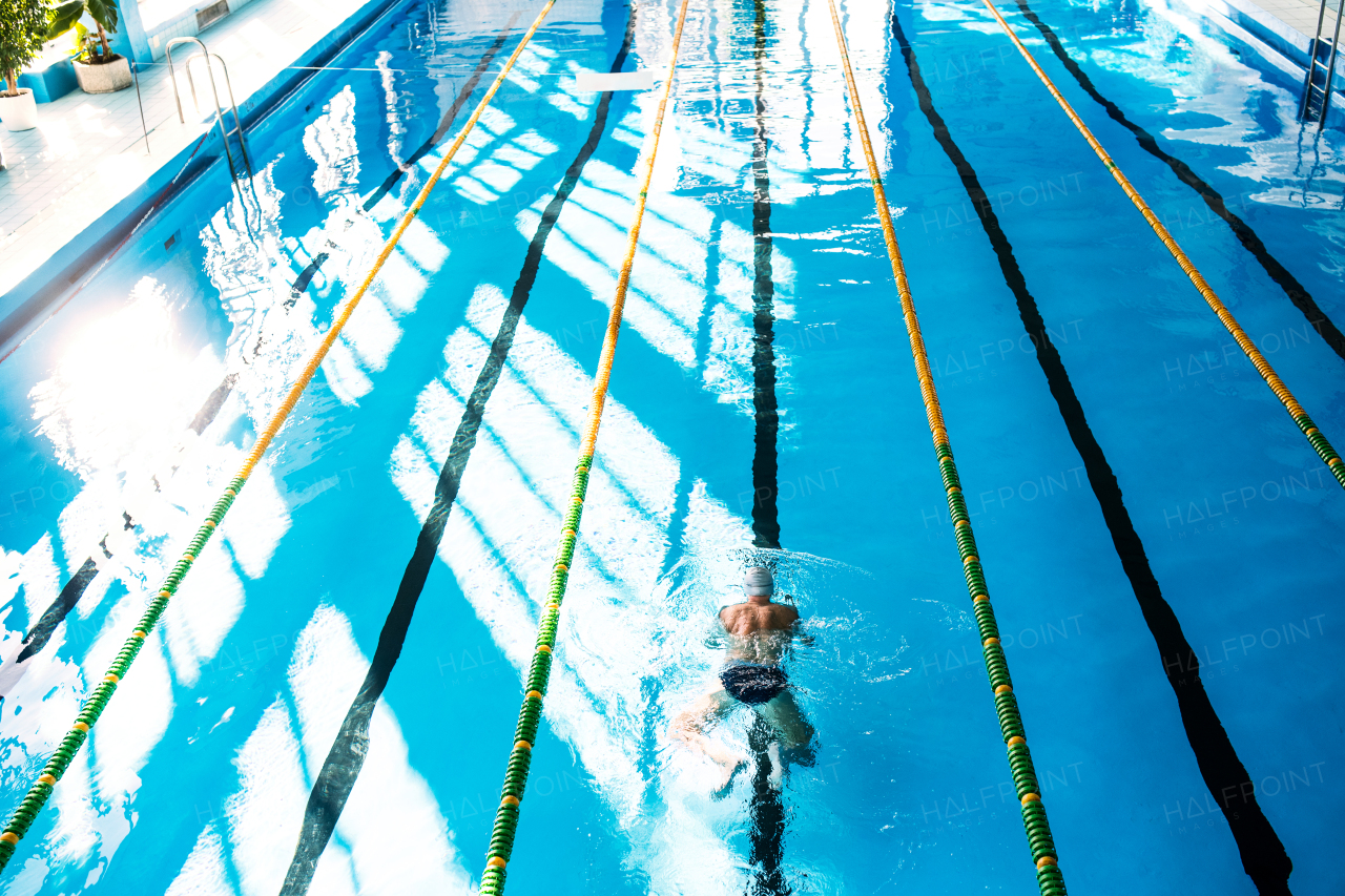 Senior man swimming in an indoor swimming pool. Active pensioner enjoying sport. Rear and high angle view.