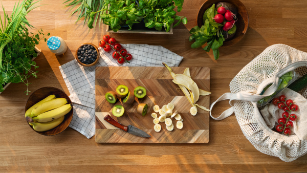 Top view of chopped fruit and vegetables, sustainable, healthy and plastic free lifestyle.