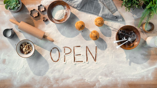 Flat lay top view of baking ingredients, open after coronavirus lockdown and small business concept.