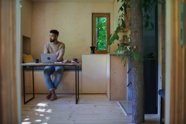 A happy young man with laptop and smartphone sitting, resting indoors in a tree house, weekend away and remote office concept.