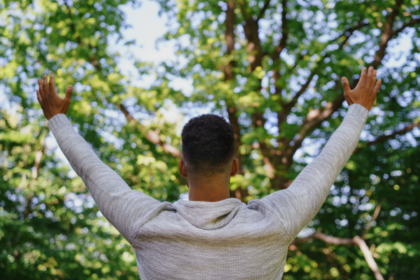 A rear view of happy young man doing stretching exercise and raising hands up outdoors in forest, weekend away and digital detox concept.