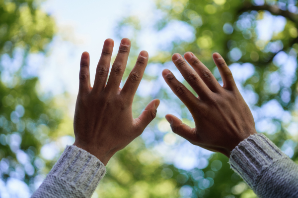 A close-up of hands of African-Ameican man raised against nature bavskground.