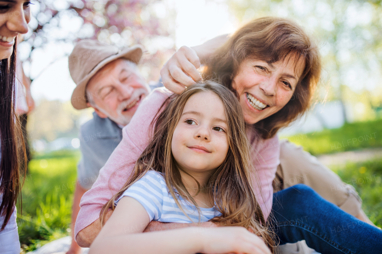 Front view of senior grandparents with small granddaugther sitting outside in spring nature.