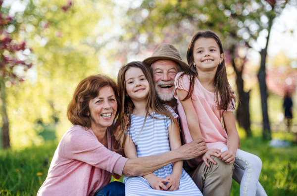 Front view of senior grandparents with small granddaugther sitting outside in spring nature.