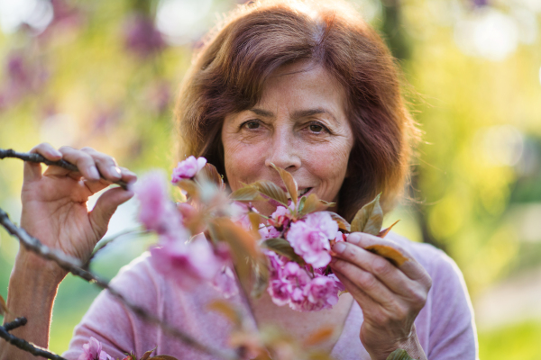 Front view of beautiful senior woman standing outside in spring nature. Copy space.