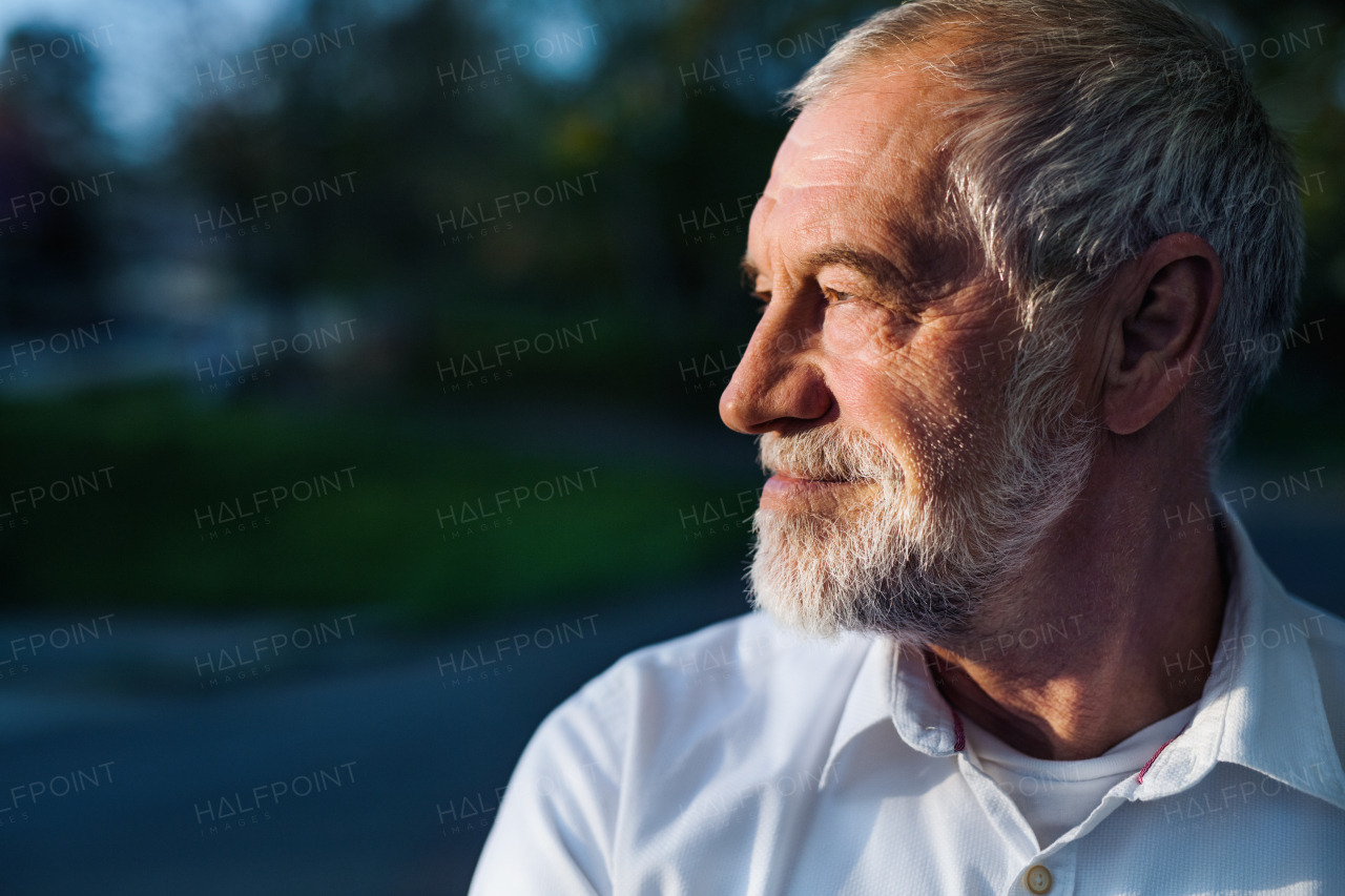 A senior man standing outside in spring nature. Copy space.