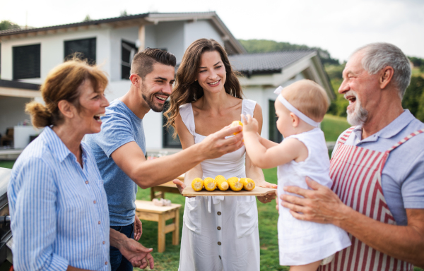 Portrait of multigeneration family outdoors on garden barbecue, grilling and talking.