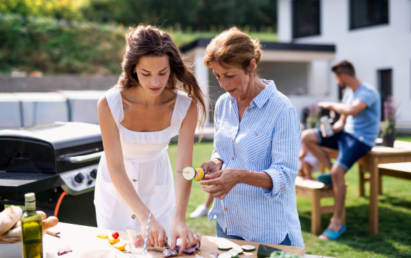 Portrait of multigeneration family outdoors on garden barbecue, grilling and talking.