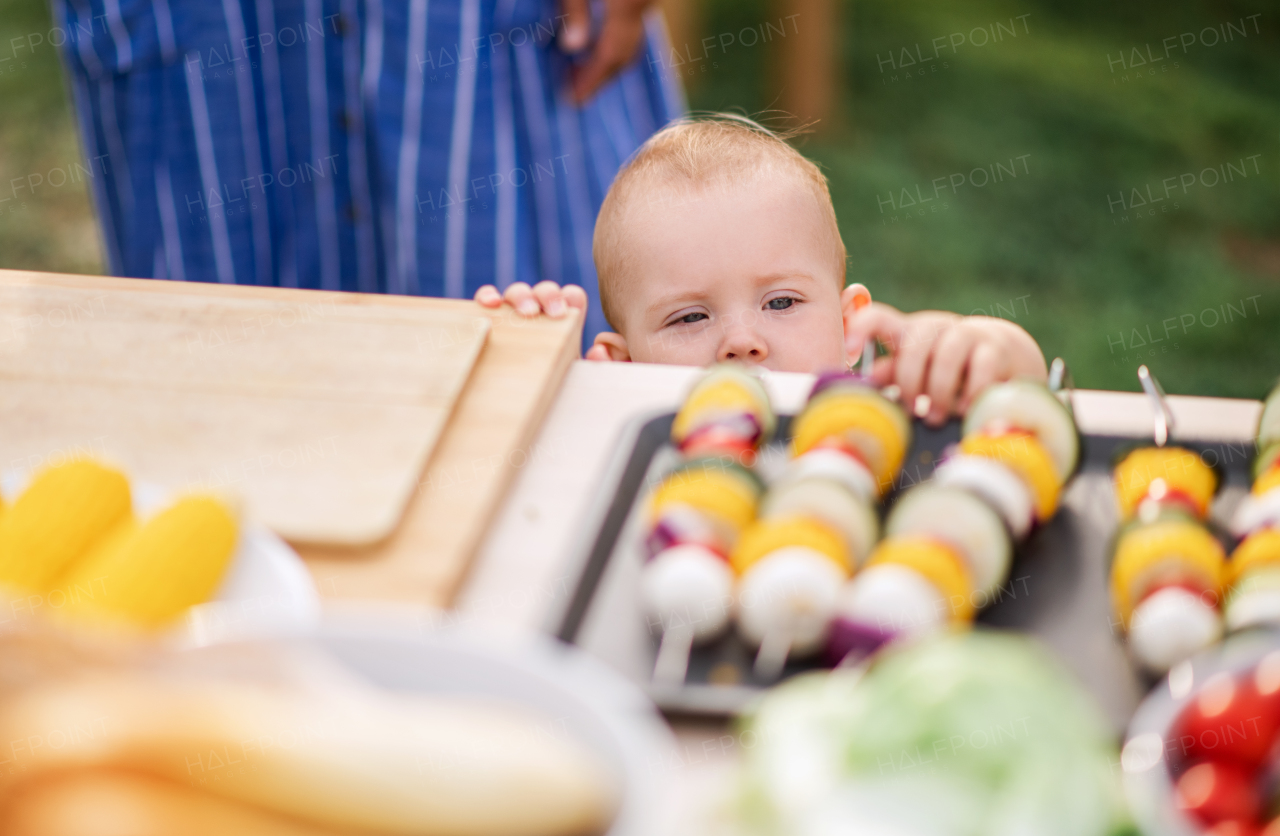 Cute small girl standing outdoors on family garden barbecue.