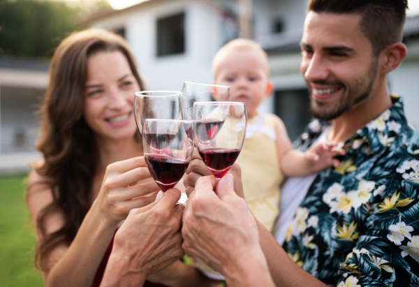 Portrait of people with wine outdoors on family garden barbecue, drinking wine.