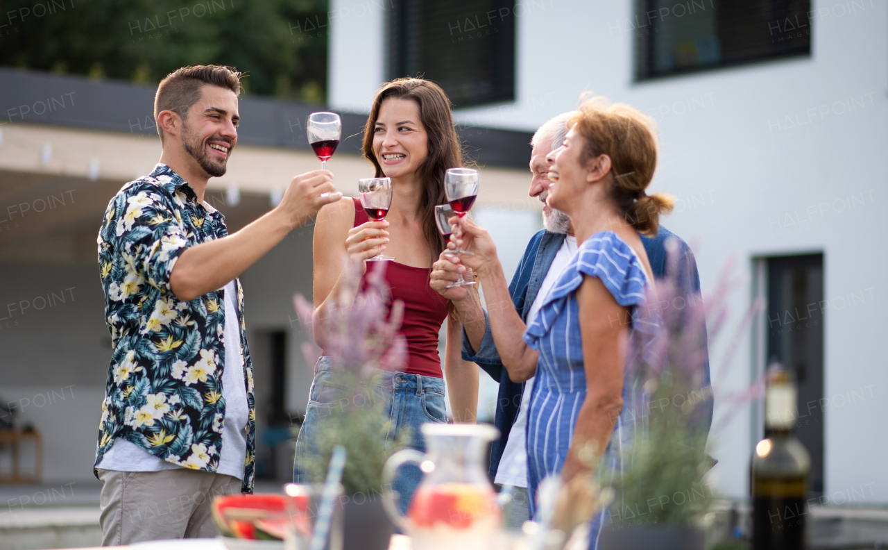 Portrait of people with wine outdoors on family garden barbecue, clinking glasses.