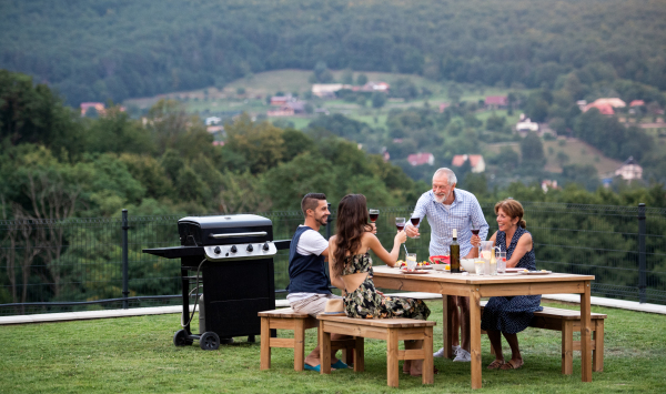 Portrait of people with wine outdoors on family garden barbecue, celebrating.