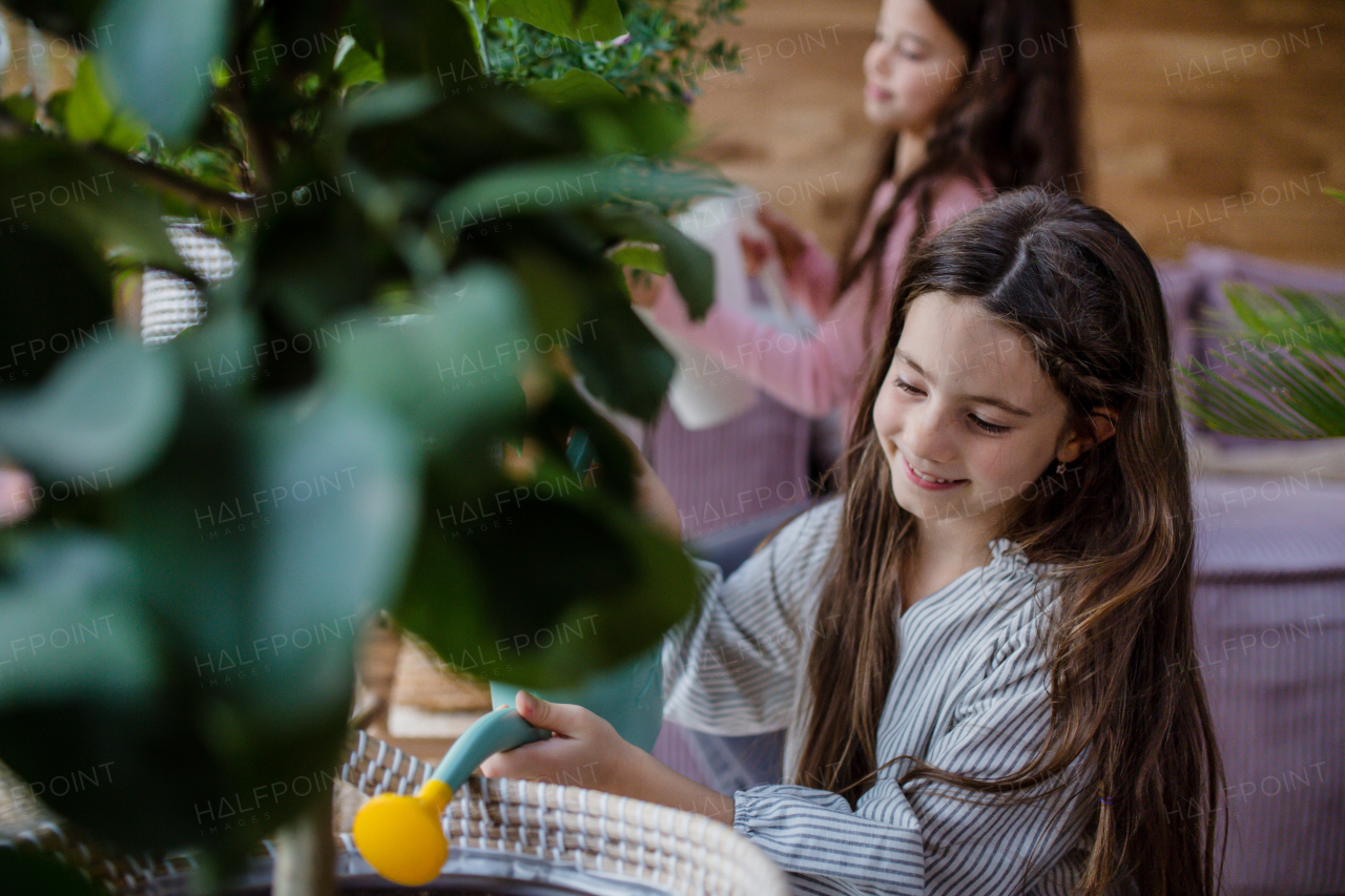 Happy little sisters watering plants indoors in a conservatory.