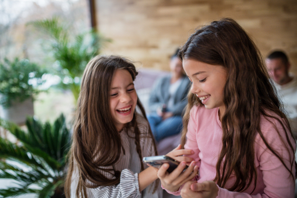 Happy little sisters using a smartphone at home.