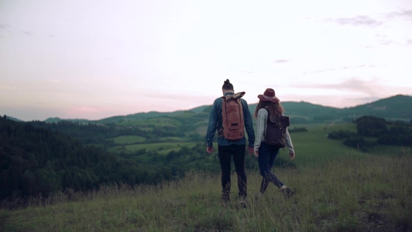 Rear view of young tourist couple travellers with backpacks hiking in nature. Slow motion.