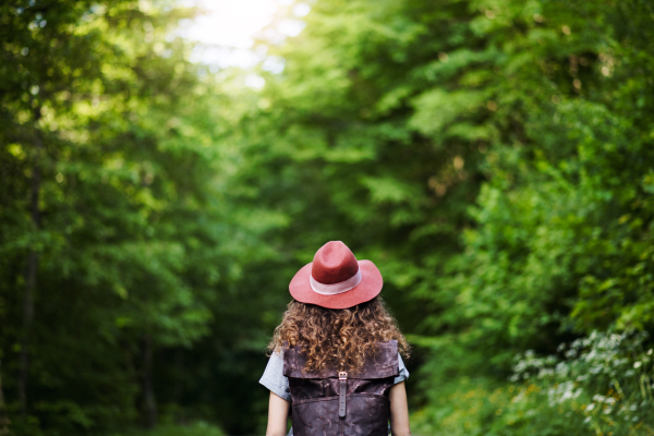 Rear view of young tourist woman traveller with backpack walking in nature. Copy space.