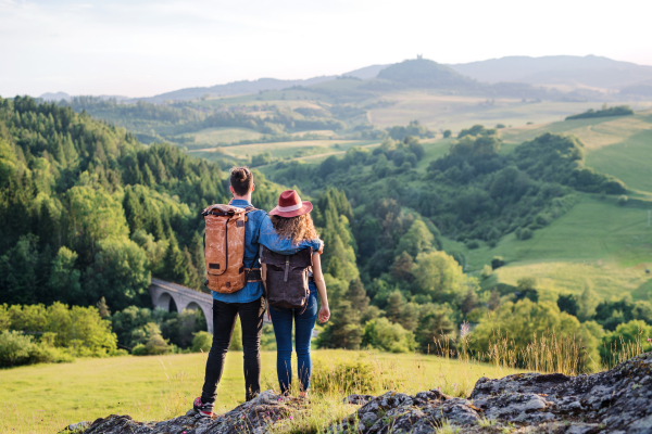 Rear view of young tourist couple travellers with backpacks hiking in nature, resting.