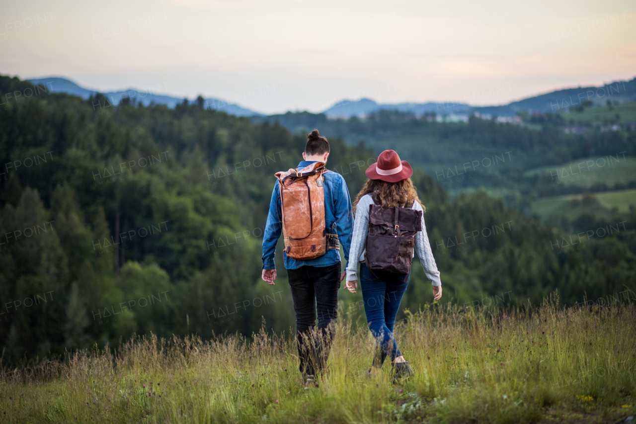 Rear view of young tourist couple travellers with backpacks hiking in nature at sunset.