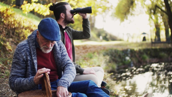 Senior father and his son with binoculars and picnic basket sitting on bench in nature.