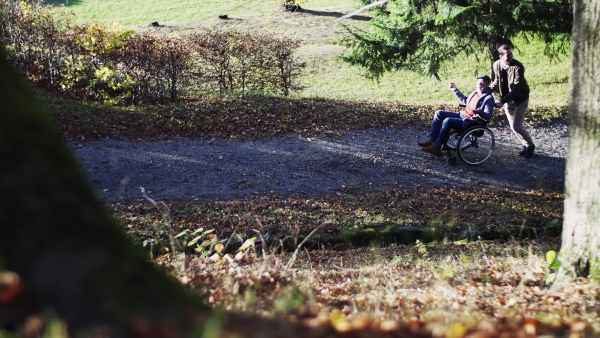 A senior father and his son in wheelchair on a walk in nature, talking.