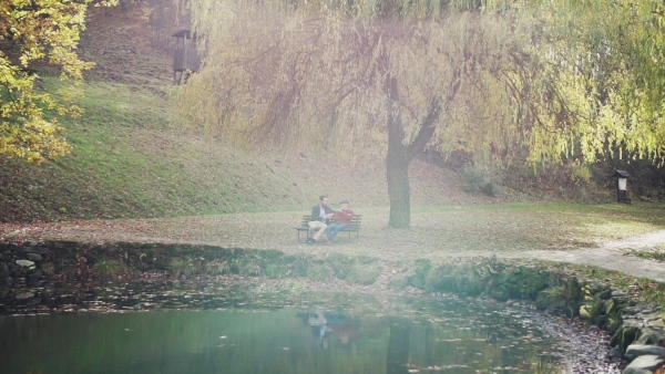 Senior father and his young son sitting on bench by lake in nature, talking. Slow motion.